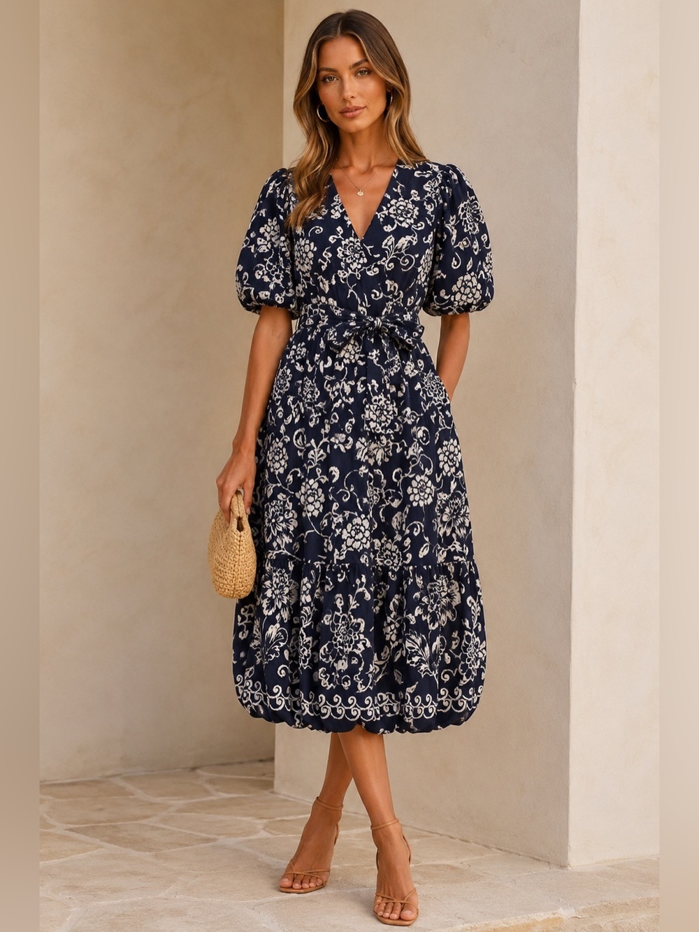 Dress Forum Navy Floral Jacquard Tie Waist Midi Dress Size Medium Puff Sleeve